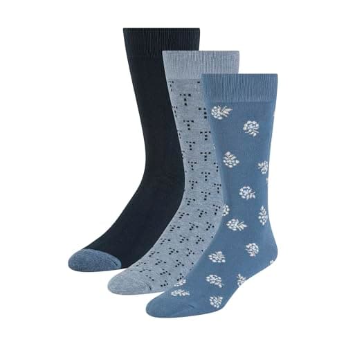 Image of Ted Baker Men's 3 Pack Pattern Crew Dress Socks, Blue Bonnet/Lt Denim Heather/Navy, One Size