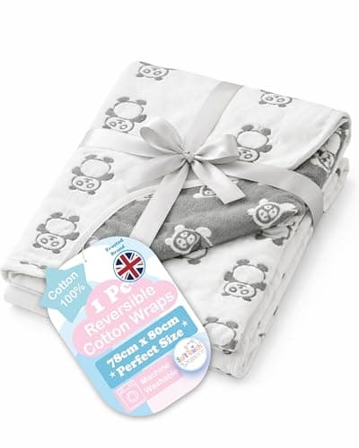 Image of Soft Touch Baby Blanket Reversible 100% Cotton Wrap, 80 x 78cm Soft Baby Blanket, Swaddle Wrap for 0-24 Months - Panda Design