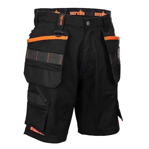 Image of Scruffs Silverton Stretch Fabric Work Shorts, Holster Pockets Black with Orange Detailing (UK, Waist, 36, Regular, Regular, Black)