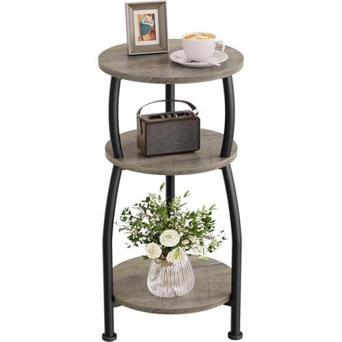 Image of Yuede Round Side Table, 3 Tier Slim Round Coffee Table, Small End Table with Storage Shelf, Bedside Table, for Living Room, Bedroom, Small Space, Metal Frame, Vintage (Gray)