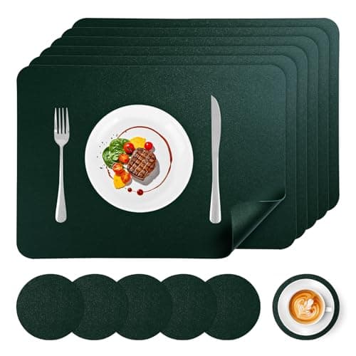 Image of APLKER Faux Leather Placemats and Coasters Set of 6, Wipeable Waterproof Oil-Proof Heat Resistant Table Mats for Dining, Kitchen, Hotel, 16.9 x11.8 inches(Large Place Mats)- Dark Green