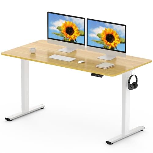 Image of FLEXISPOT 140 x 80cm Electric Standing Desk ONE PIECE Height Adjustable Desk Sit Stand Desk with 4 Memory Smart Panel and Backpack Hook for Home Office, (White Frame+Maple Desktop)