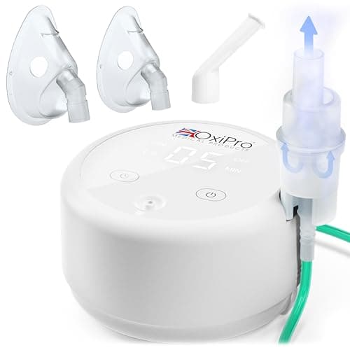 Image of OxiPro NB20 Nebuliser - Health & Pharma Award Winner 2025 - Nebuliser Machine for Adults & Kids - Quiet 45dB Nebulizer - Ultra Fine 5 μm Nebulisation for Home Use - Masks for Adults & Kids