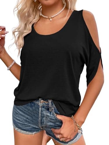 Image of Fisoew Women's T Shirt Off Shoulder Shirts with Crew Neck Summer Short Sleeve Casual Tee Tops, Black, XL