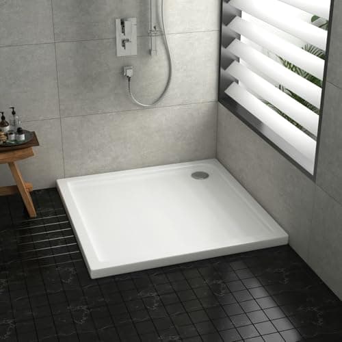 Image of Bathroom 760 x 760mm Shower Tray Gloss White Slimline 30mm Stone Resin Square Base with Free Waste Trap Kit