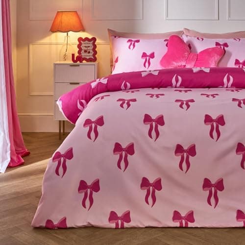 Image of OHS Bow Print Double Duvet Set, for Women Super Soft Warm Cosy Bow Bedding Comfy Microfibre Reversible Girls Bedding with Pillowcases, Red/Hot Pink