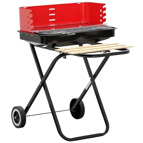 Image of Outsunny Charcoal Trolley BBQ Barbecue Grill Patio Camping Picnic Garden Party Outdoor Cooking with Windshield and Wheels Side Trays, Black/Red