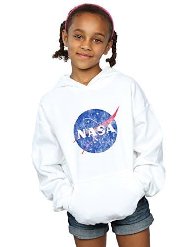 Image of Absolute Cult NASA Girls Classic Insignia Logo Distressed Hoodie White 9-11 Years