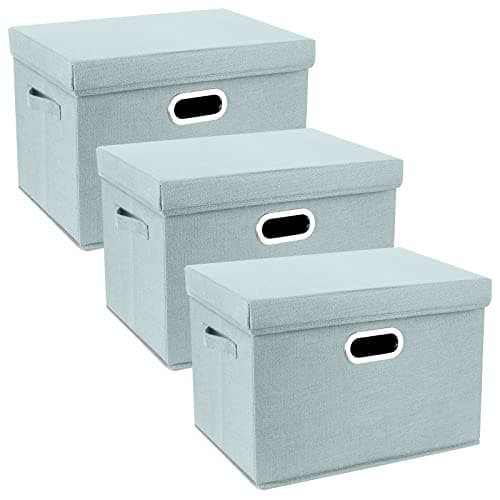 Image of TYEERS Large Storage Box with Lid, Collapsible, Washable, Fabric Storage Box for Clothes, Wardrobe Storage, 44x30x29 cm, Set of 3, Aqua Spring