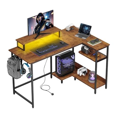 Image of DEVAISE L Shaped Gaming Desk with Power Outlets & RGB LED Lights, 122CM Gaming Desk with Monitor Stand & Hook, Corner Desks with Storage Shelf for Home Office & Small Spaces, Rustic Brown