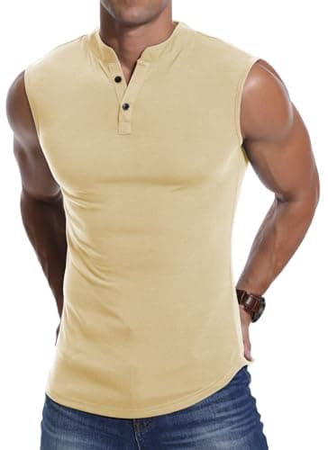 Image of KUYIGO Men's Fashion Slim Sleeveless Henley Shirt Muscle Tank Top S Apricot