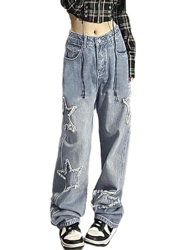 Image of FDKLOOK Womens Baggy Jeans Star Patchwork Y2k Teen Girls Straight Leg High Waisted Vintage Denim with Pockets Blue XXL