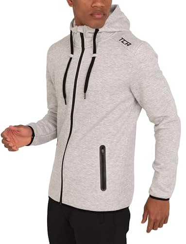 Image of TCA Men’s Revolution Tech Workout Thermal Running Hoodie Jacket with Zip Pockets and Thumbholes - Quiet Shade Grey, XL