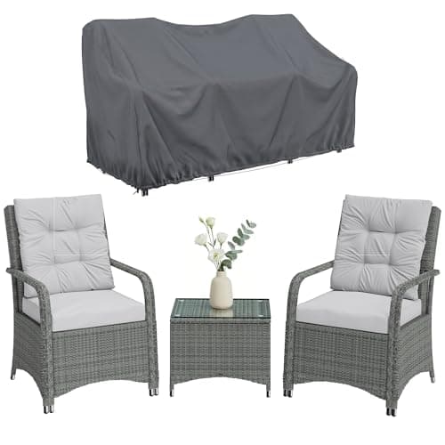 Image of Outsunny 3 Pieces Rattan Bistro Set, Wicker Garden Furniture Set with Metal Frame, Cover, Glass Top Coffee Table, Chairs and Cushions for Outdoor, Patio, Balcony, Light Grey