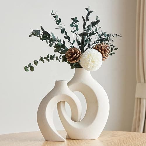 Image of Vzmiza Hollow White Ceramic Vase Set of 2, Decorative Flower Vase for Pampas Grass, Nordic Modern Boho ins Style Donut Vase for Flowers, Home Living Room, Aesthetic Flower Vase for Farmhoue (White)