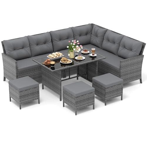 Image of COSTWAY 9 Seater Rattan Garden Furniture Set, Patio Corner Sofa Set with Chairs, Footstools, Tempered Glass Dining Table & Cushions, Sectional Wicker Outdoor Conversation for Balcony Yard (Grey)