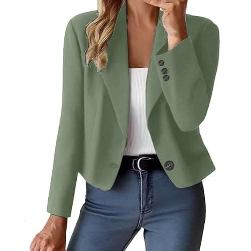 Image of EMUKFD Women's Suit Jackets & Blazers Summer Cropped Cardigans Casual Smart Blazer Office Wear Autumn Open Front Long Sleeve Lightweight Jackets Wedding Formal Outfits Business Work Suit Jacket Green