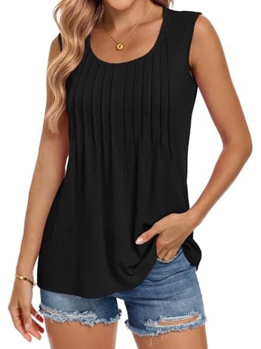 Image of florynova Womens Vest Tops Summer Sleeveless Tank Top Loose Fit Pleated Round Neck Camisole Vests(Black,L)