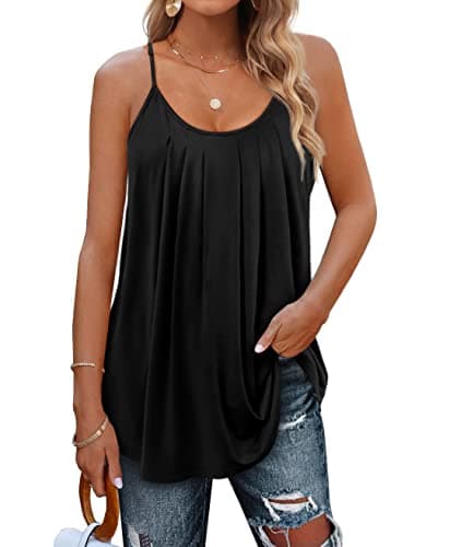 Image of Aokosor Womens Vest Tops For Women Uk Summer Adjustable Spaghetti Straps Ladies Pleated Sleeveless Tank Ladies Tops Plus Size 22-24 Black