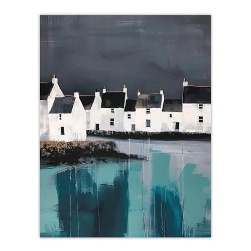 Image of Artery8 Scottish Coastal Village Oil Painting Grey Sky Living Room Extra Large XL Wall Art Poster Print