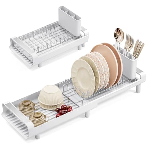 Image of Dish Drainer Rack, Small Dish Drainer, Expandable Dish Rack With Removable Cutlery Holder, Anti Rust Small Drying Rack for Sink, Compact Draining Board Rack For Kitchen Counter, White