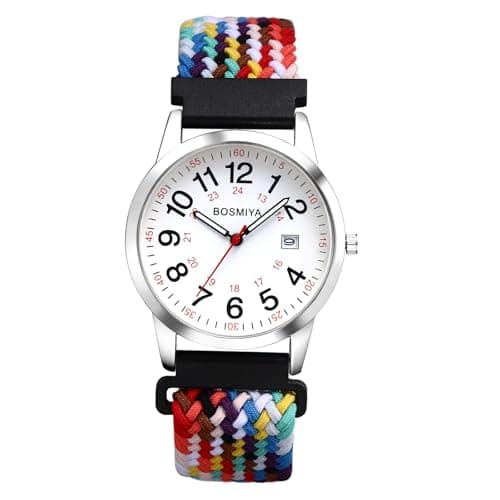 Image of JewelryWe Unisex Braided Elastic Watch: 24-Hour Format Easy-to-Read Calendar Dial Quartz Wristwatch Colorful Strap with Silver Case