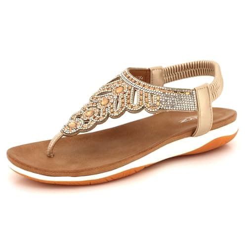 Image of AARZ LONDON Womens Embellished Toe Post Sandals Diamante Slingback Flats Sparkly Summer Slip-On Comfortable Party Holiday Ladies Gold Shoes Size 5 UK 38 EU