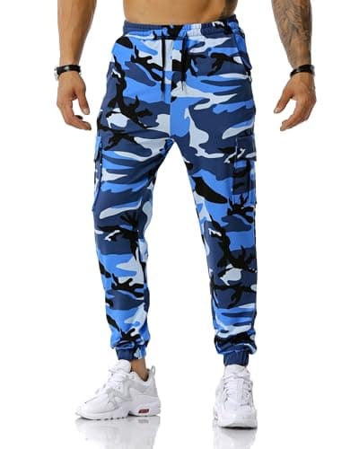 Image of MakingDa Camouflage Tracksuit Bottoms Men Camo Jogging Sports Trousers Cargo Joggers Pants Skinny Elastic Waist Drawstring Multi Pocket Work Combat Gym Sweatpants-Blue-42