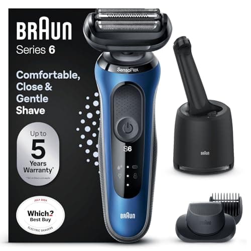 Image of Braun Series 6 Electric Shaver for Men with Beard Trimmer, Precision Trimmer and SmartCare Centre, Wet and Dry, UK 2 Pin Plug, 60-B7500cc, Blue Razor