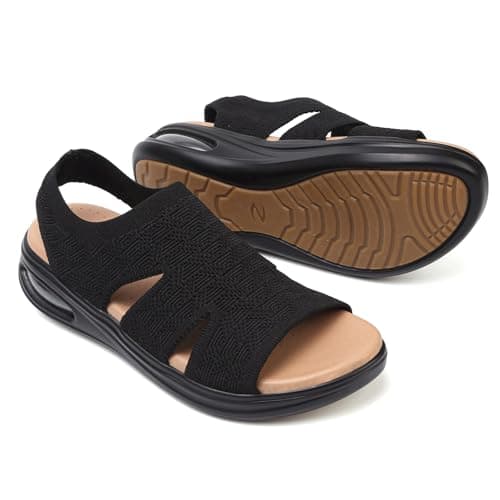 Image of TETSUO Women's Summer Walking Sandals Slip On Air Cushion Support Platform Sandals Open Toe Ankle Strap Black Dress Sandal Shoes