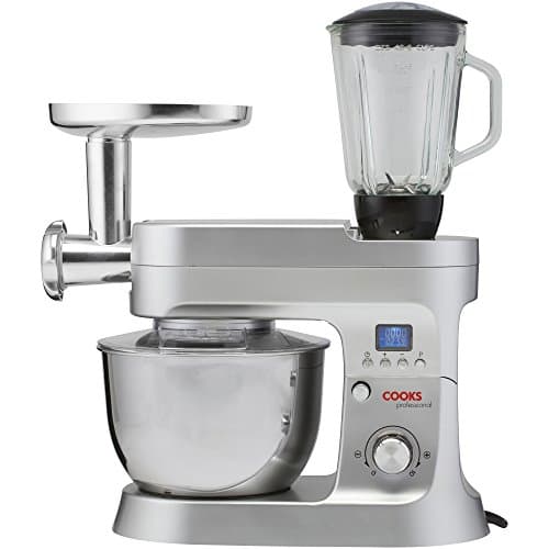 Image of Cooks Professional Stand Mixer & Mincer 1200W | Electric Food Mixer with Pulse Setting | 6.2 Litre Stainless Steel Bowl | Blending Jug, Dough Hook, Whisk, Beater & Splash Guard | Silver