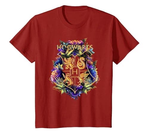 Image of Harry Potter Hogwarts Multi-Coloured Floral Crest T-Shirt, Youth, Cranberry Red, 4T