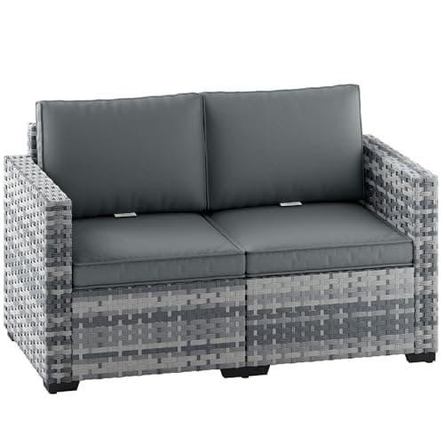 Image of Outsunny 2 Seater Rattan Sofa, Outdoor Garden Sofa with Deep Seat, Cushions and Wide Armrests, All Weather Small Rattan Garden Furniture Loveseat for Patio, Balcony, Porch, Mixed Grey