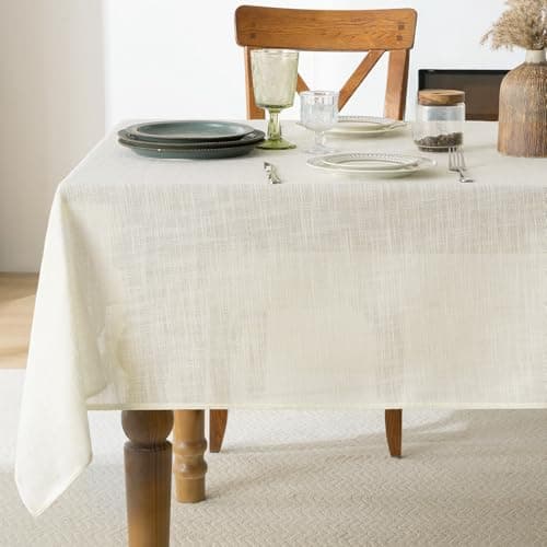Image of FIBORIA Cream Table Cloth Faux Linen Tablecloth Rectangular 140x200 cm Wipe Clean Tablecloths Water Resistant Wipeable Table Cover for Party Birthday Kitchen Garden Indoor Outdoor,78x55 inch