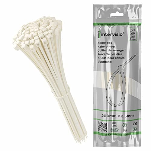 Image of Zip Ties 200mm x 2.5mm White - 8” Premium Neutral Plastic Cable Ties, 200 mm Nylon Natural Tie Wraps, Pack of 100 Pieces by intervisio