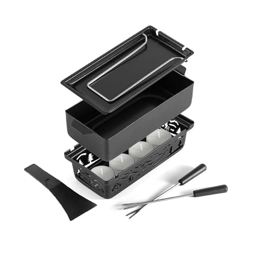 Image of Swissmar Tandem Candle Fondue & Raclette Set - Portable 2-in-1 Tabletop Cheese Fondue Pot with Raclette Dish, Forks, Spatula & Tealight Candles, Ideal For Camping