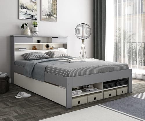 Image of Bedmaster Fabio Wooden Bookcase Storage Bed No Drawer Double and King Size (Grey and White, King (U.K. Standard))