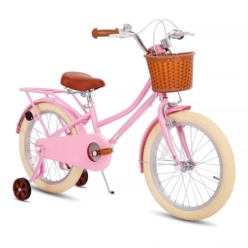 Image of STITCH 18 Inch Kids Bike with Basket & Stabilisers, Kids Bike for 6-9 Years Old Girls, 18 inch bike with kickstand for girls,Pink…