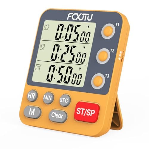 Image of FCXJTU Digital Triple Kitchen Timer, 3 Channels Count UP/Down Memory Timer, Large Display, Loud Volume Alarm, Flashing Light, Magnetic Back, Stand, Battery Included (Orange)