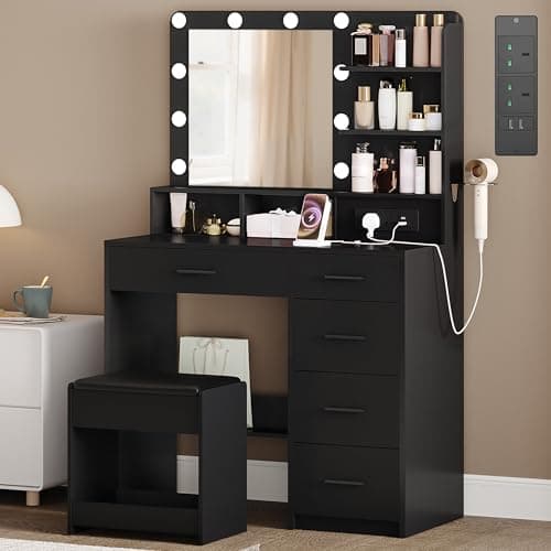 Image of Hzuaneri Dressing Table with 3-Colour LED Adjustable Brightness, Vanity Table with Plug and Large Mirror, Stool and Hairdryer Holder, 6 Open Storage Areas, 90 cm desktop, Black DT39006X