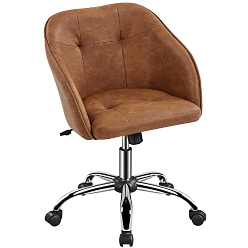 Image of Yaheetech Faux Leather Swivel Office Desk Chair Makeup Vanity Chair Comfy Computer Height Adjustable Armchair with Armrest for Home Office, Reception, Study Retro Brown