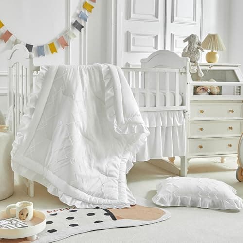 Image of AIKASY The Ruffled Shabby Crib Bedding Set for Girls, Baby Quilted Comforter with Fitted Sheet, Bed Skirt, and Pillowcase(White)