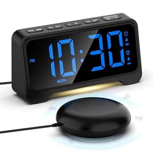 Image of Mesqool Alarm Clock for Heavy Sleepers with Bed Shaker - Loud Vibrating Digital Alarm Clock for Deaf, 5 Dimmer & Volume, Dual Alarms, USB Powered, Snooze, 12/24H, Blue LED Display, Night Light
