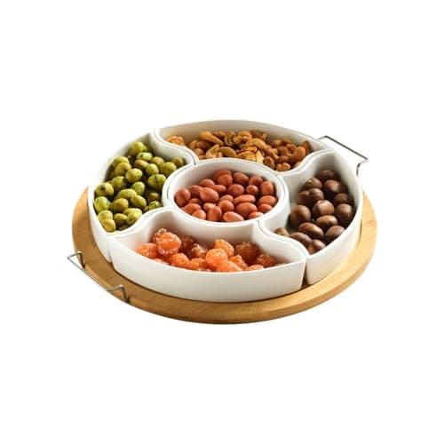 Image of Divided Serving Tray - 5 Compartment Snack Spinner, Natural Wood & Ceramic Glaze, 28.5 cm Round Diameter + Rotating Base, Sustainable Bamboo Timber Composite - For Party Appetisers, Lazy-Susan