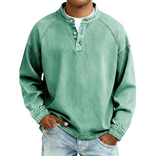 Image of Quarter Zip Pullover Men 2026 Vintage Washed Distressed Denim Sweatshirt Casual Stand Collar Long Sleeve Polo Shirts Clothes Loose Fit Golf Tops Faux Jean Shirt, A02-Light Green, XL