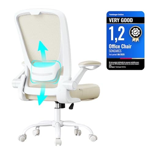 Image of SONGMICS Office Mesh Chair, Ergonomic Swivel Chair, Lumbar and Head Support, Wide Seat, Foldable Armrests, Tilt Function, for Office Bedroom, Oatmeal Beige OBN037K03