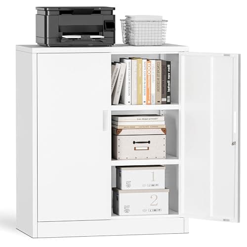 Image of Metal Storage Cabinet, 90cm Locking Storage Cabinet with Doors & Shelves, Steel Storage Cabinet with 2 Adjustable Shelves for Garage, Home, Office, Utility Room, Assembly Required(White, 90 * 80 * 40)