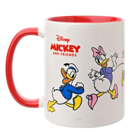 Image of Widdop and Co. - Disney Mickey and Friends Mug - Red/White Glazed Stoneware Mickey & Minnie Mouse, Donald & Daisy Duck + Pluto Drinking Cup - Officially Licensed Disney Merchandise (325ml / 11.4oz).