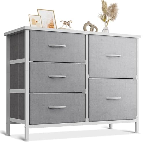 Image of Coleshome Small Chest of Drawers Bedroom with 5 Fabric Drawers, with 2 Large and 3 Small Drawers, Wooden Top, Sturdy Steel Frame, Suitable for Bedroom and Living Room, 76 x 29 x 60cm, Light Gray