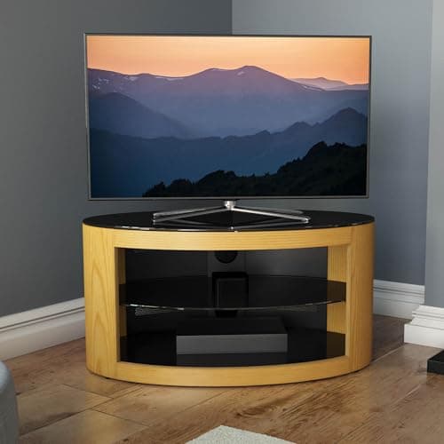 Image of AVF Oval Wood TV Stand - Buckingham Affinity 800mm Wide Floorstand Unit, Upto 40", Oak With Black Glass, Open Storage